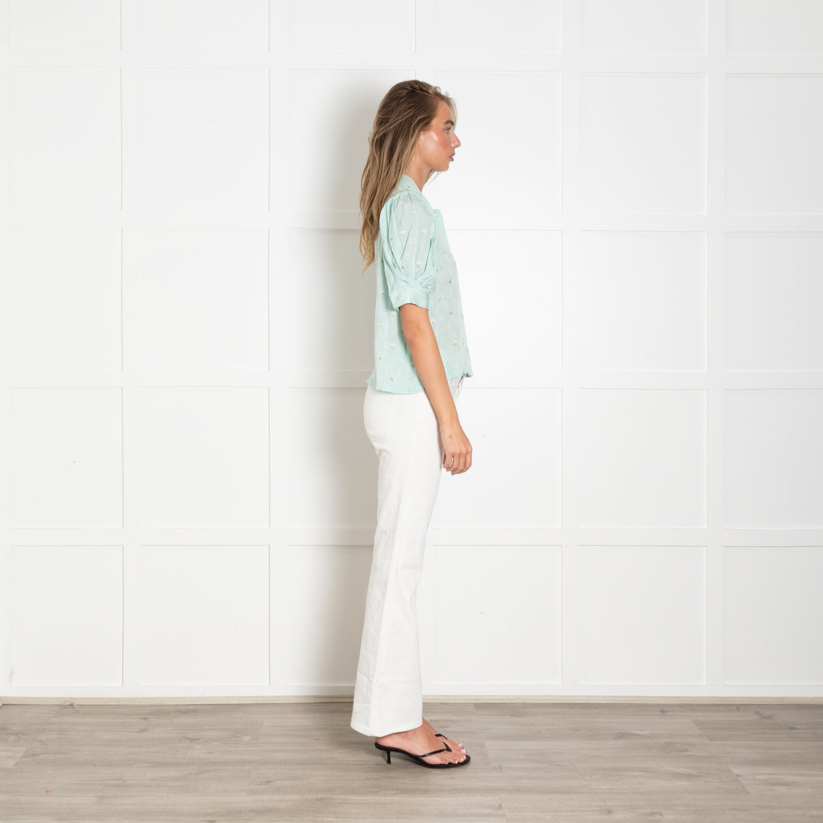 Masscob Turquoise Floral Embroidered Button up Blouse