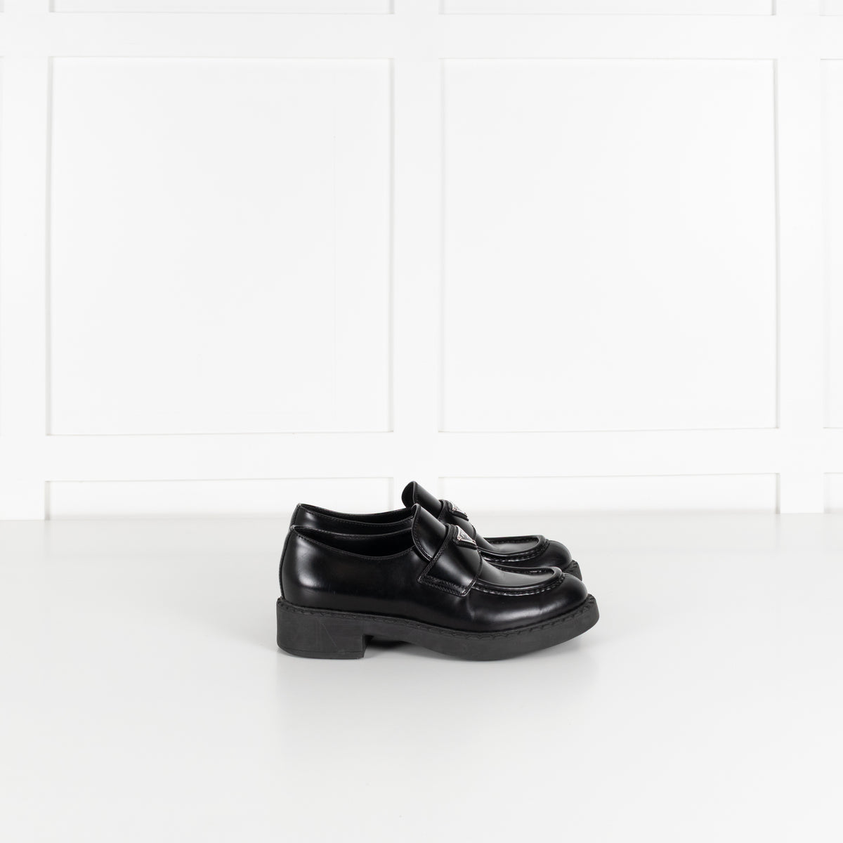 Prada Black Leather Plaque Logo Platform Loafers
