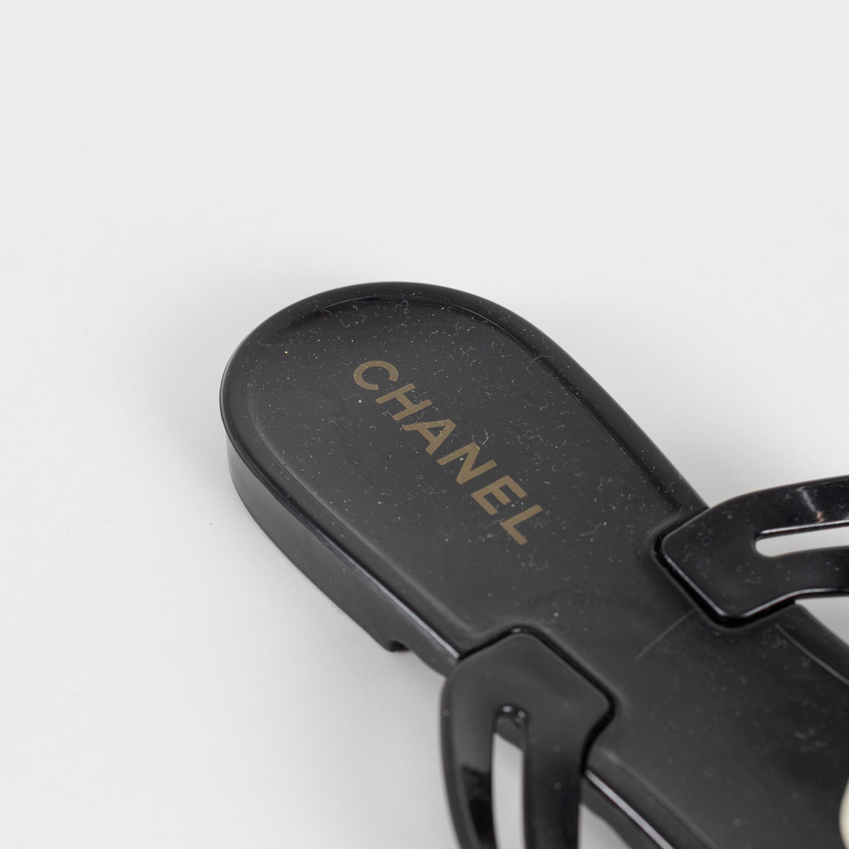 Chanel Black Plastic Camelia Flip Flops