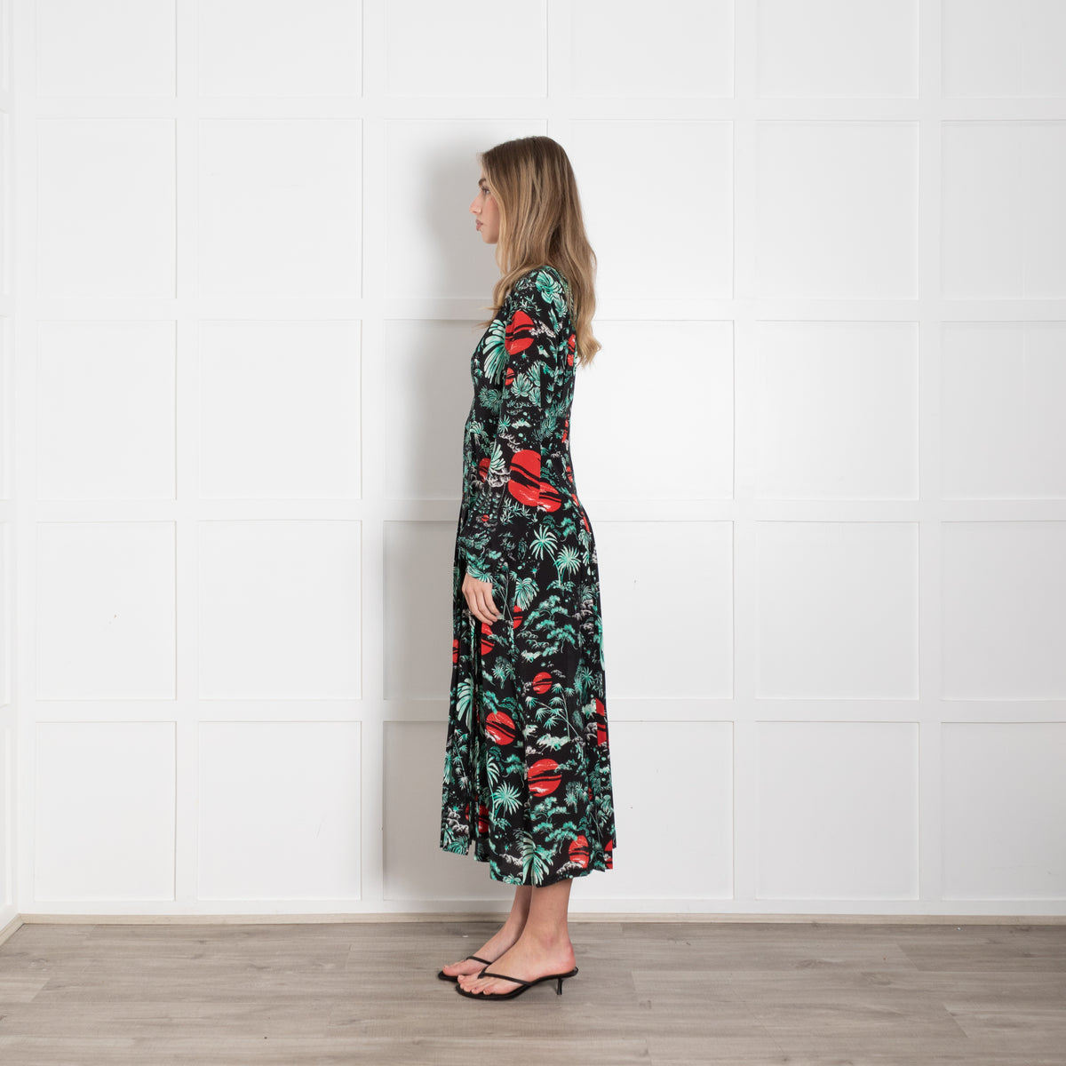 Rixo Black Turquoise Red Sky Print Pleated Dress