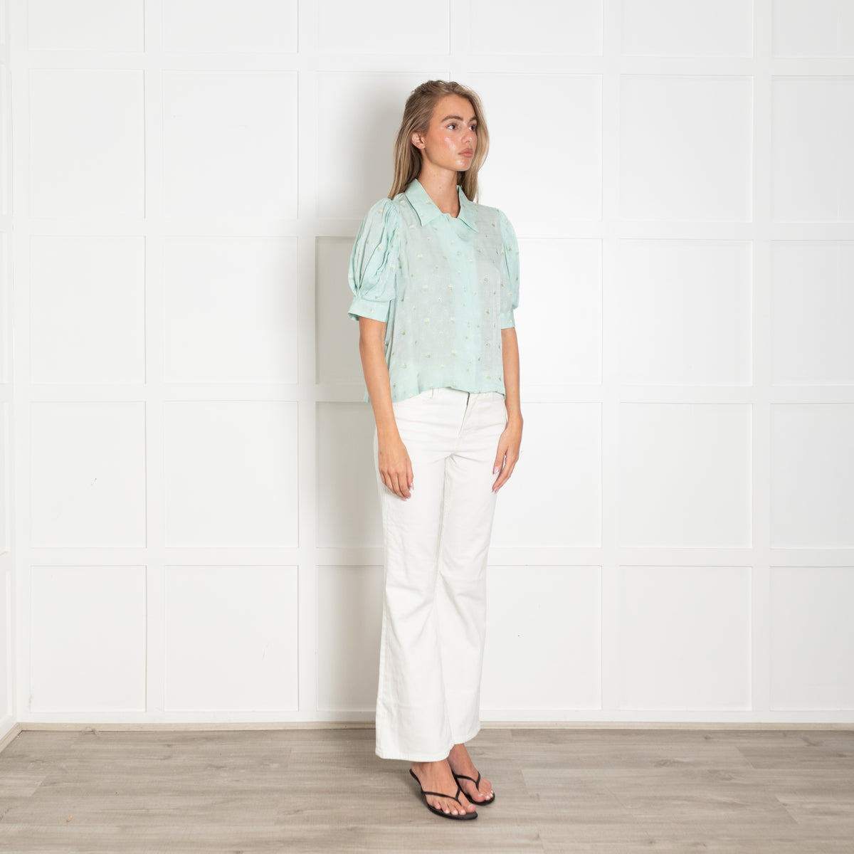 Masscob Turquoise Floral Embroidered Button up Blouse