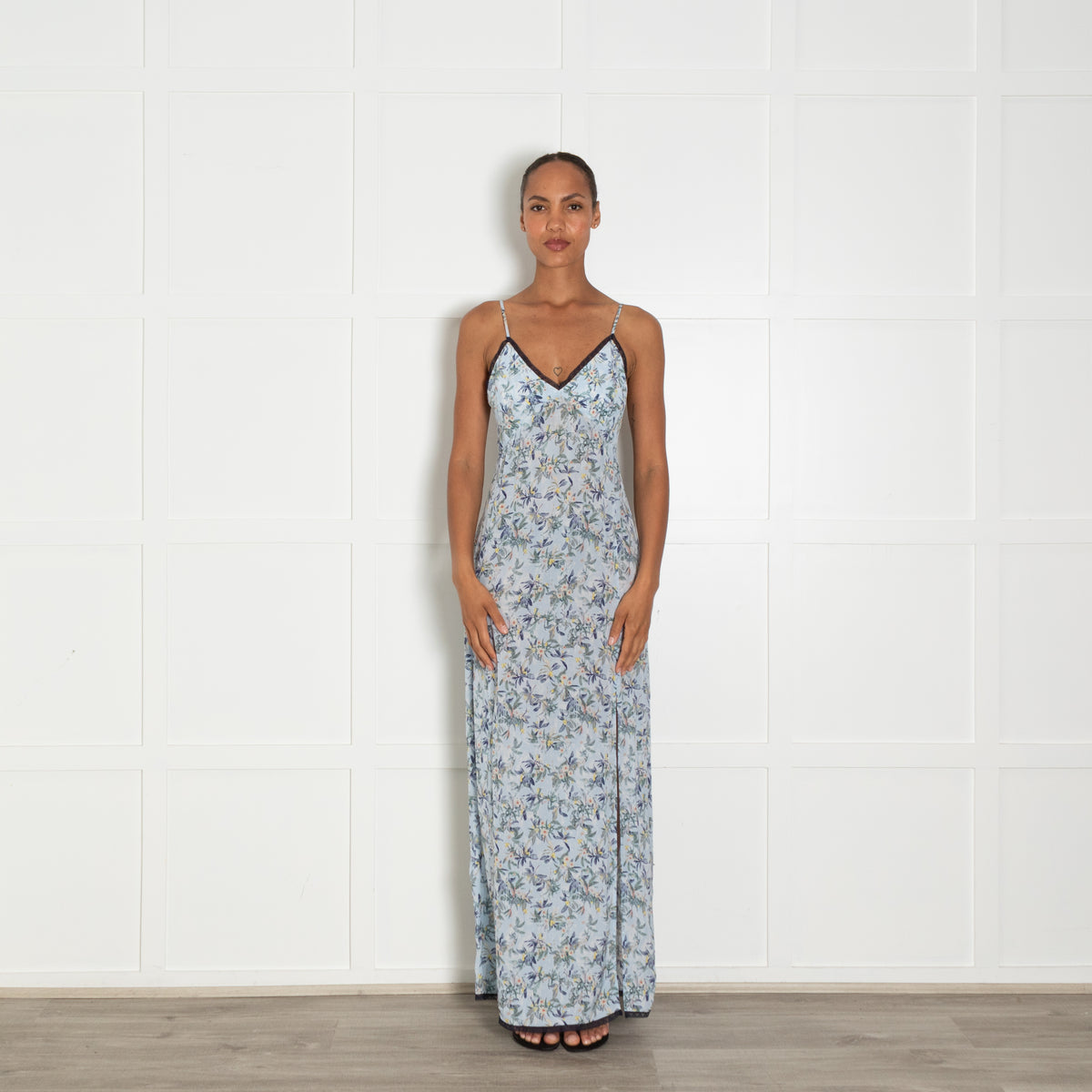 Zadig & Voltaire Preloved Pale Blue Floral Navy Lace Trim Slip Dress