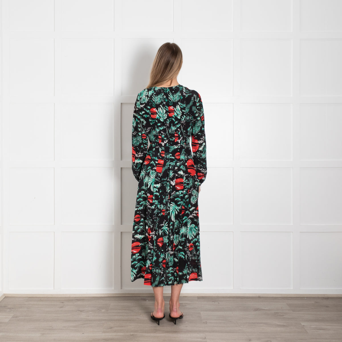 Rixo Black Turquoise Red Sky Print Pleated Dress