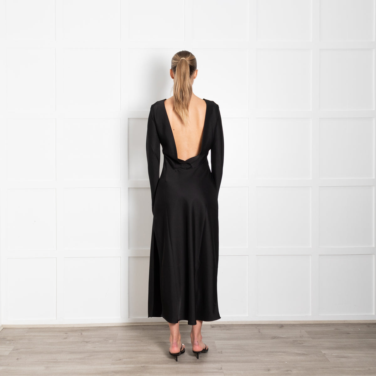 Le Set Barb Black Double Satin Long Sleeve Deep V Back Long Dress