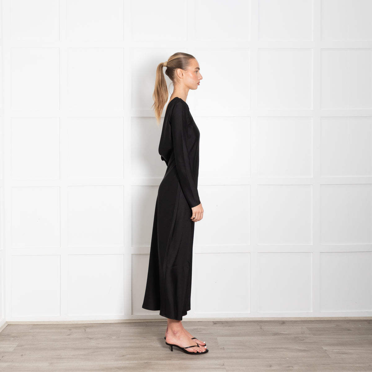 Le Set Barb Black Double Satin Long Sleeve Deep V Back Long Dress