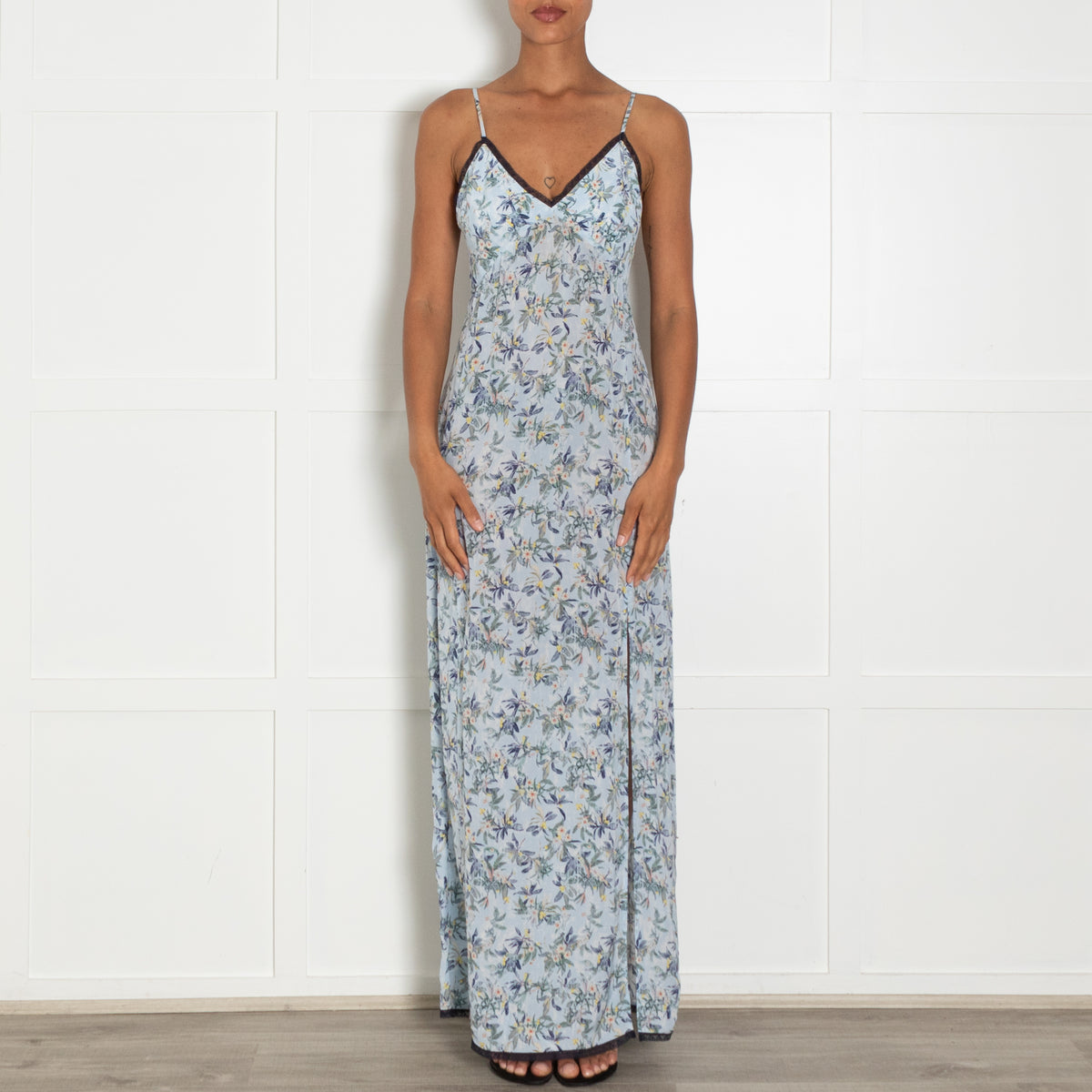 Zadig & Voltaire Preloved Pale Blue Floral Navy Lace Trim Slip Dress