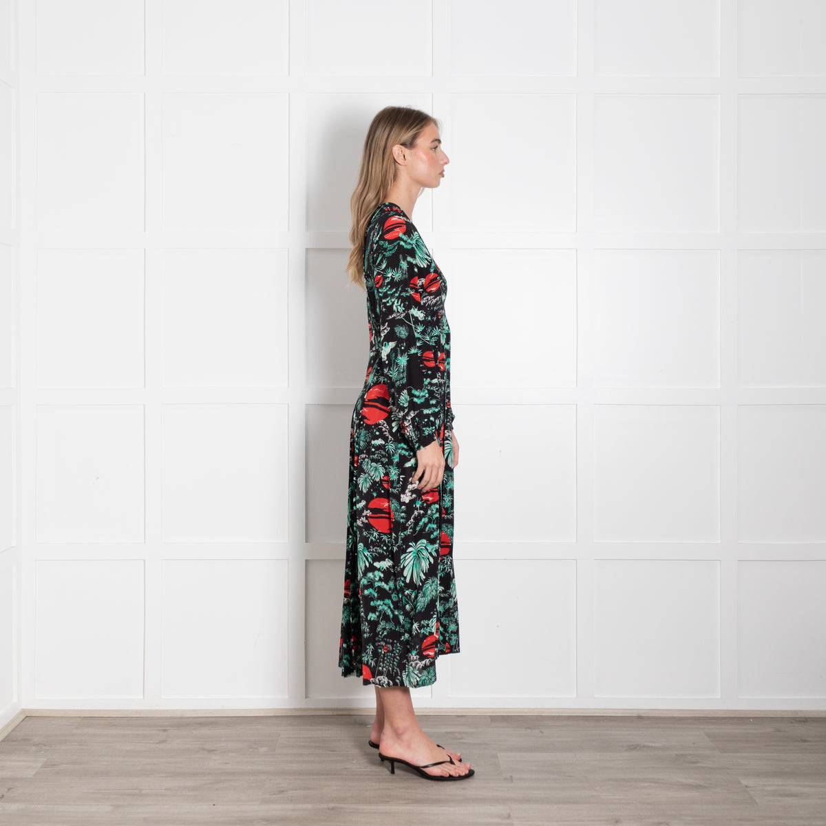 Rixo Black Turquoise Red Sky Print Pleated Dress