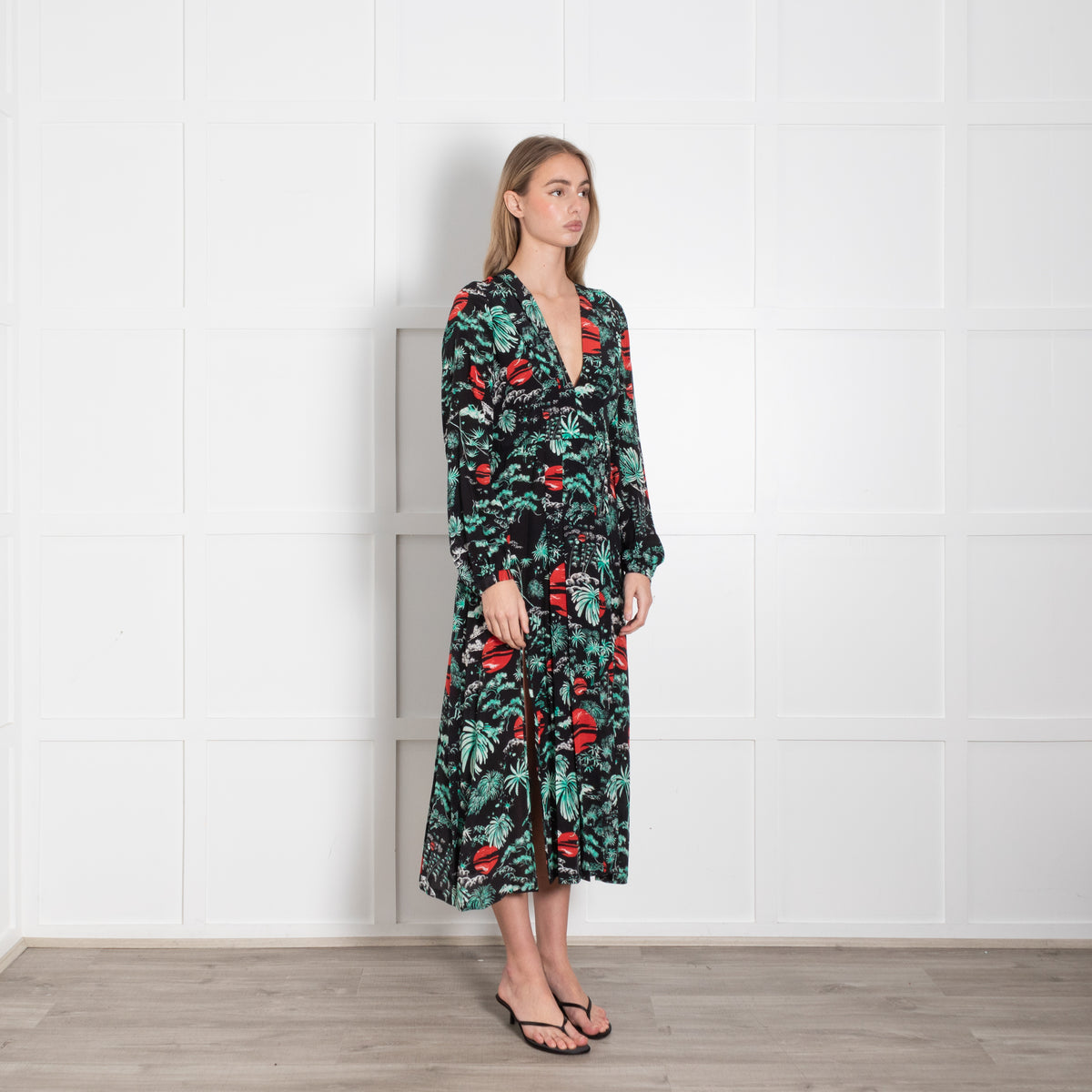 Rixo Black Turquoise Red Sky Print Pleated Dress