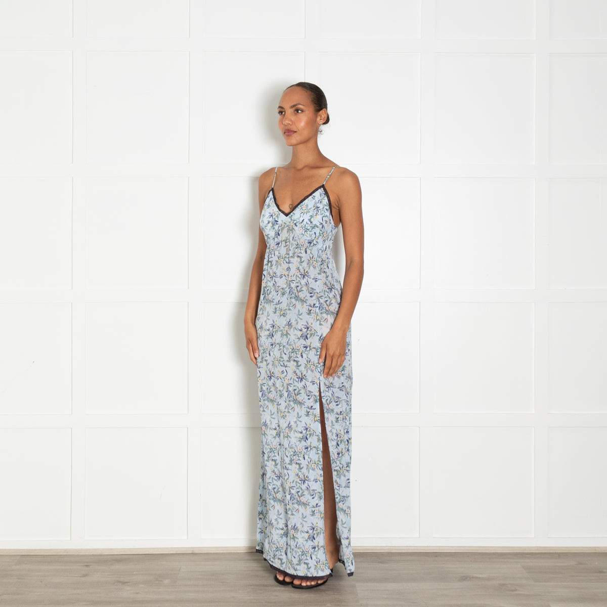 Zadig & Voltaire Preloved Pale Blue Floral Navy Lace Trim Slip Dress