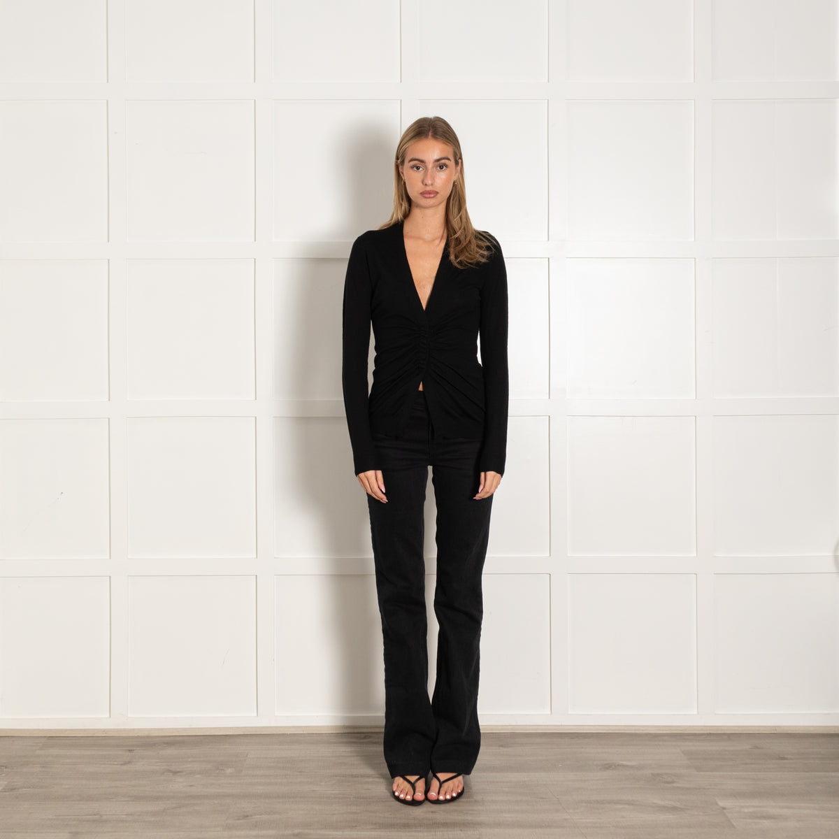 Akris Black Fine Wool Ruched Cardigan