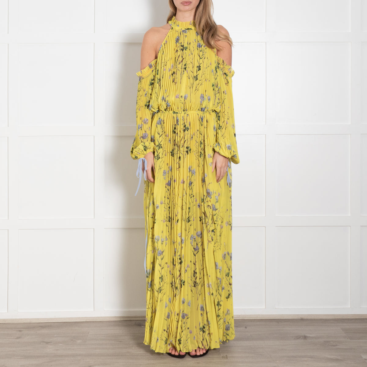 Self Portrait Yellow Floral Pleated Cut Out Shoulder Maxi Dress