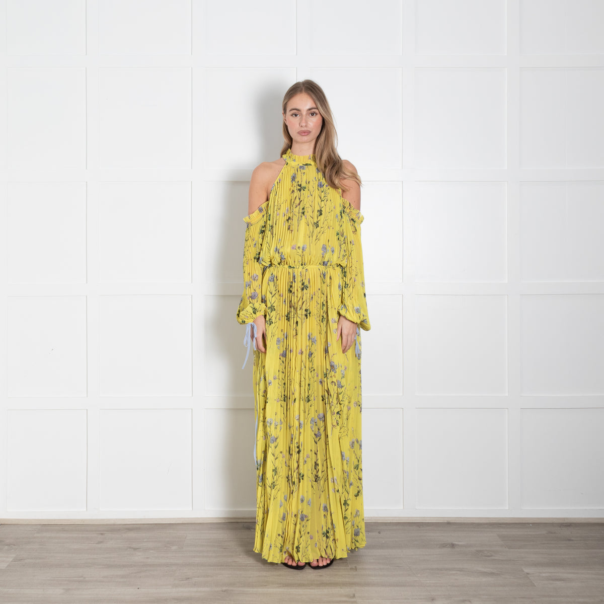 Self Portrait Yellow Floral Pleated Cut Out Shoulder Maxi Dress