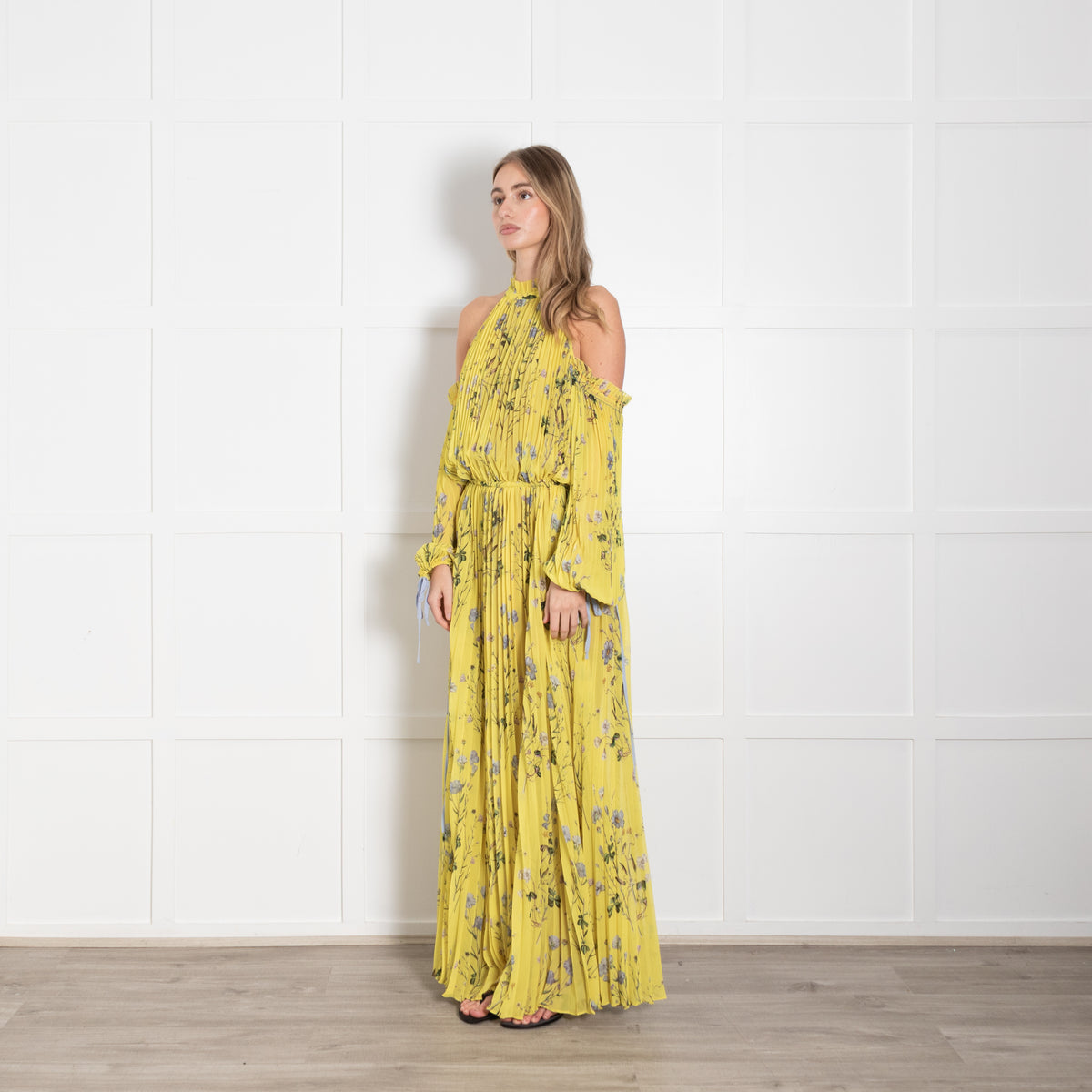 Self Portrait Yellow Floral Pleated Cut Out Shoulder Maxi Dress