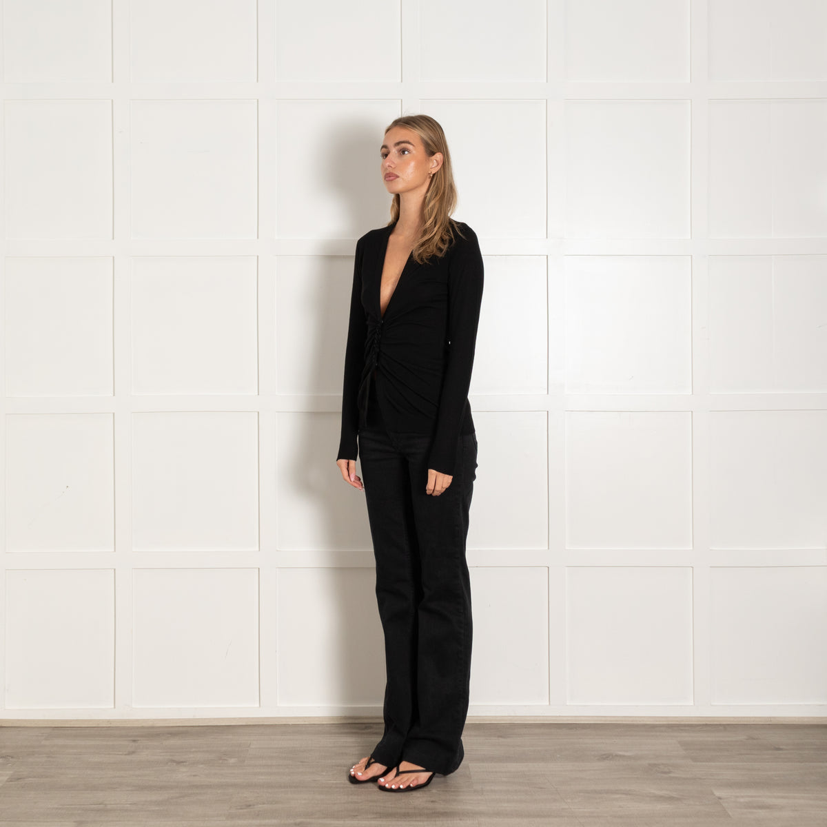 Akris Black Fine Wool Ruched Cardigan