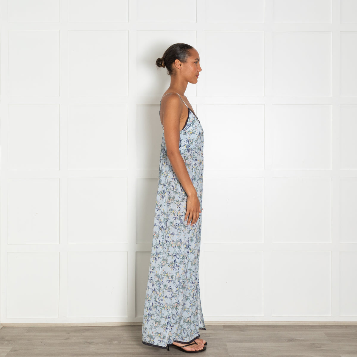 Zadig & Voltaire Preloved Pale Blue Floral Navy Lace Trim Slip Dress