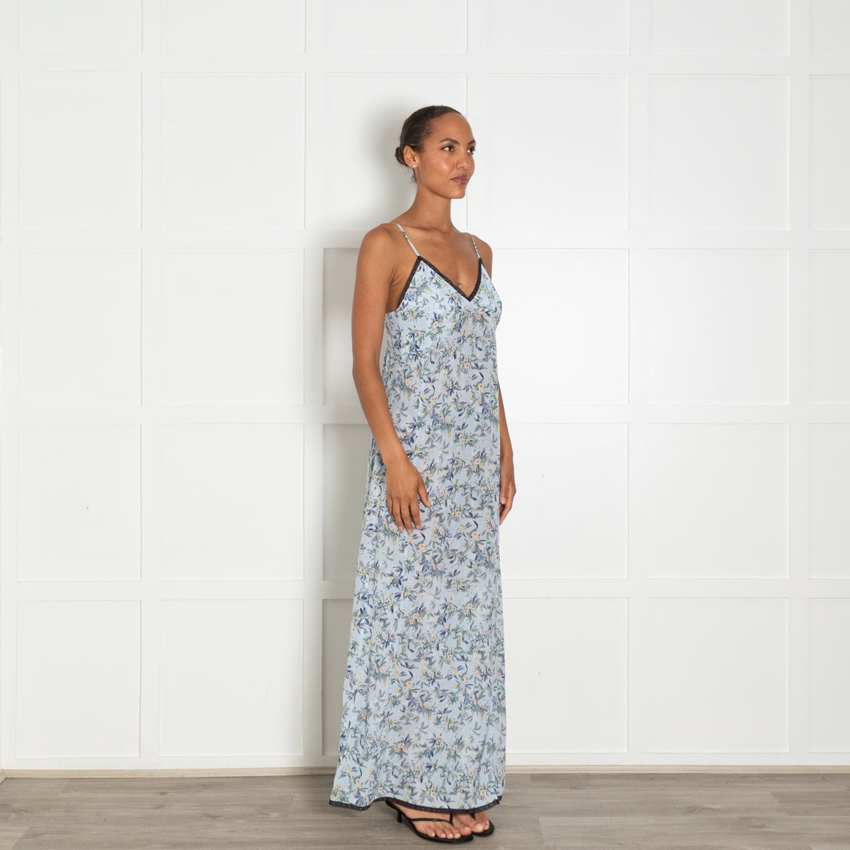 Zadig & Voltaire Preloved Pale Blue Floral Navy Lace Trim Slip Dress