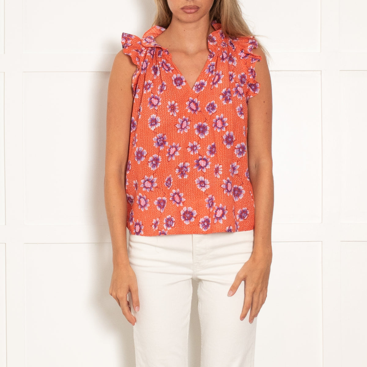 Xirena Orange Purple Cotton Frill Trim Top