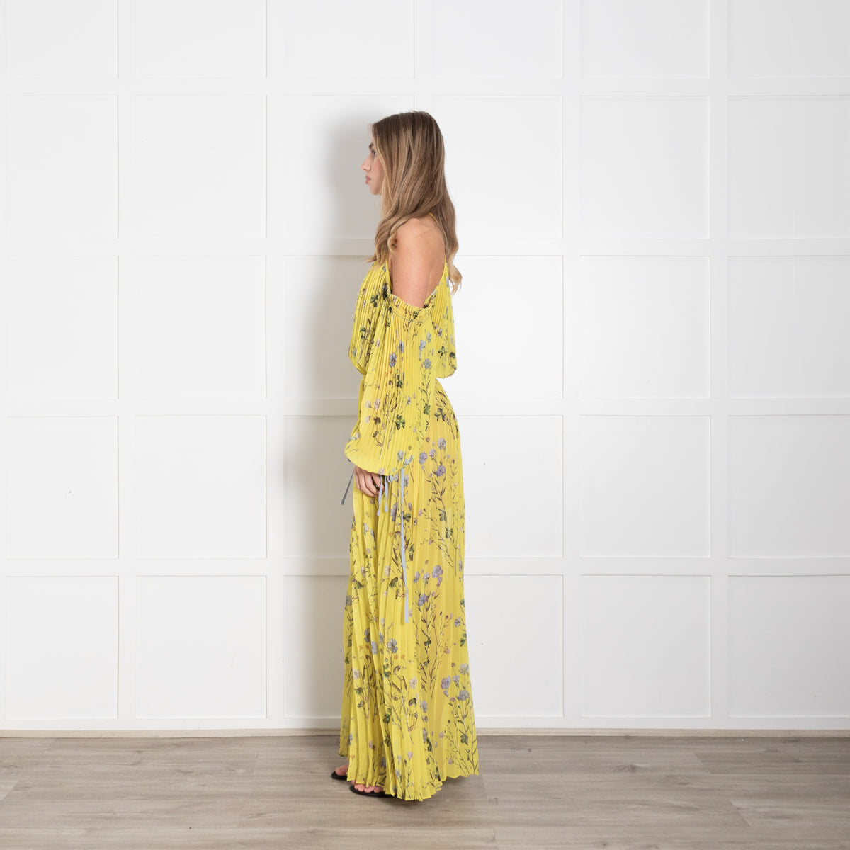 Self Portrait Yellow Floral Pleated Cut Out Shoulder Maxi Dress