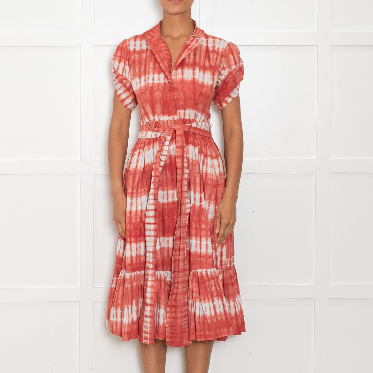Sika Brick Red Tie-Dye Belted Midi Dress