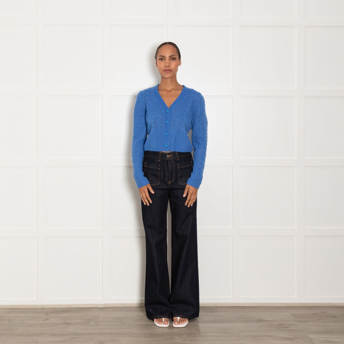 Me + Em Blue Cashmere Blend Cable Short Cardigan