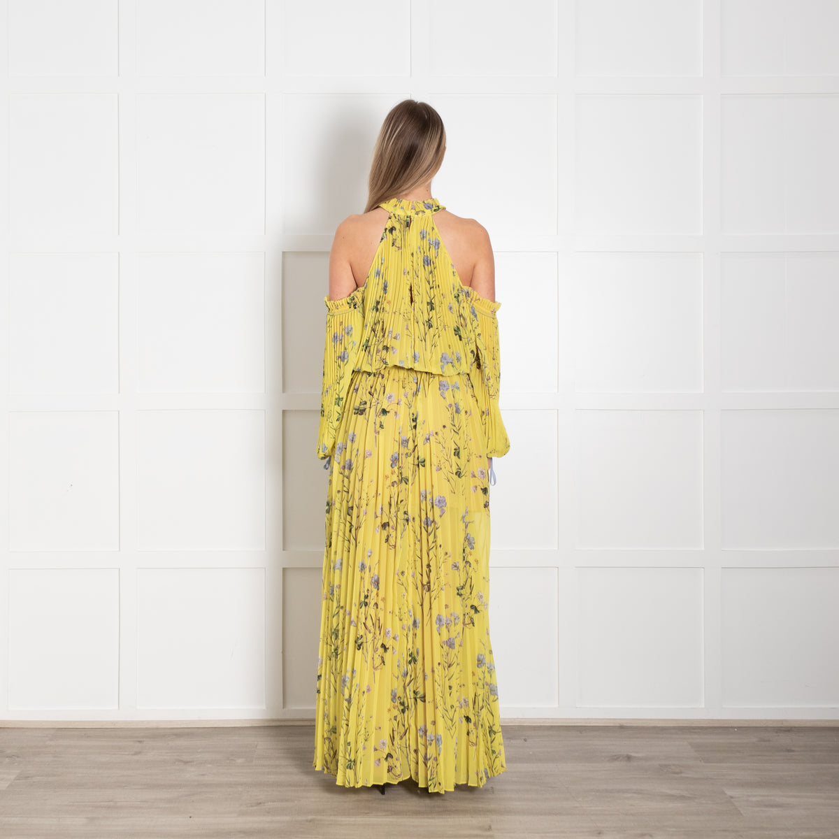 Self Portrait Yellow Floral Pleated Cut Out Shoulder Maxi Dress