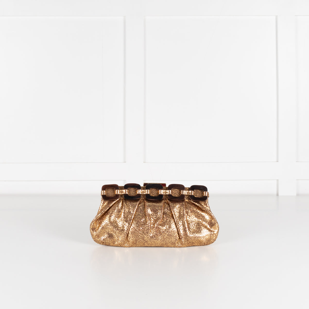 Anya Hindmarch Gold Crinkle Clutch with Wooden Link Detail