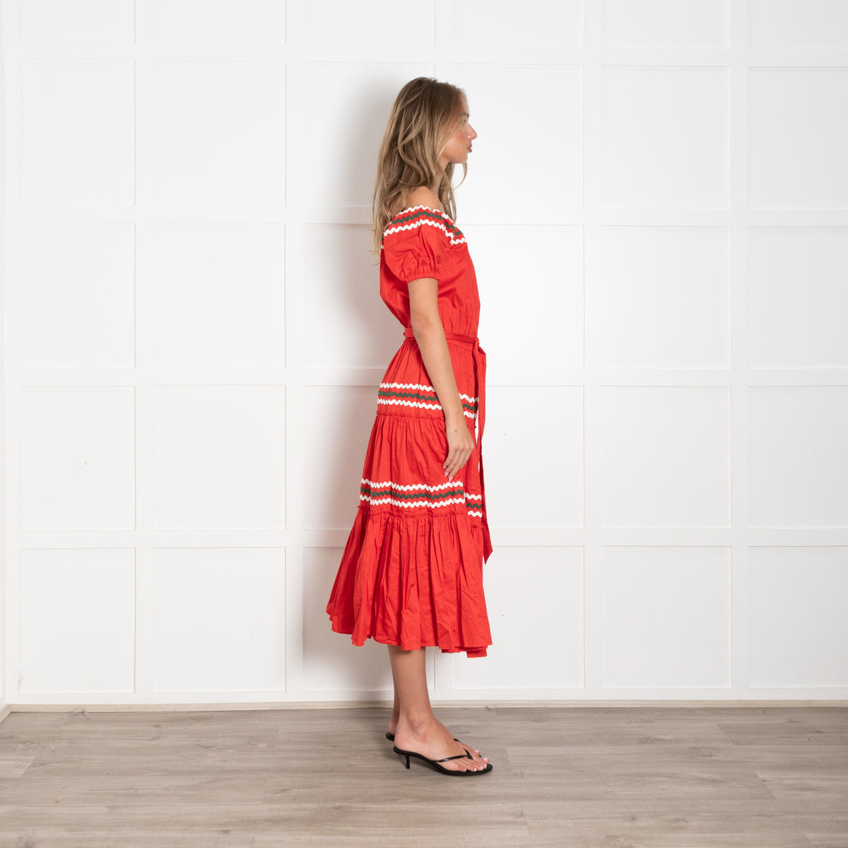 Tory Burch Red Cream Khaki Rick Rack Ribbon Trim Maxi Dress