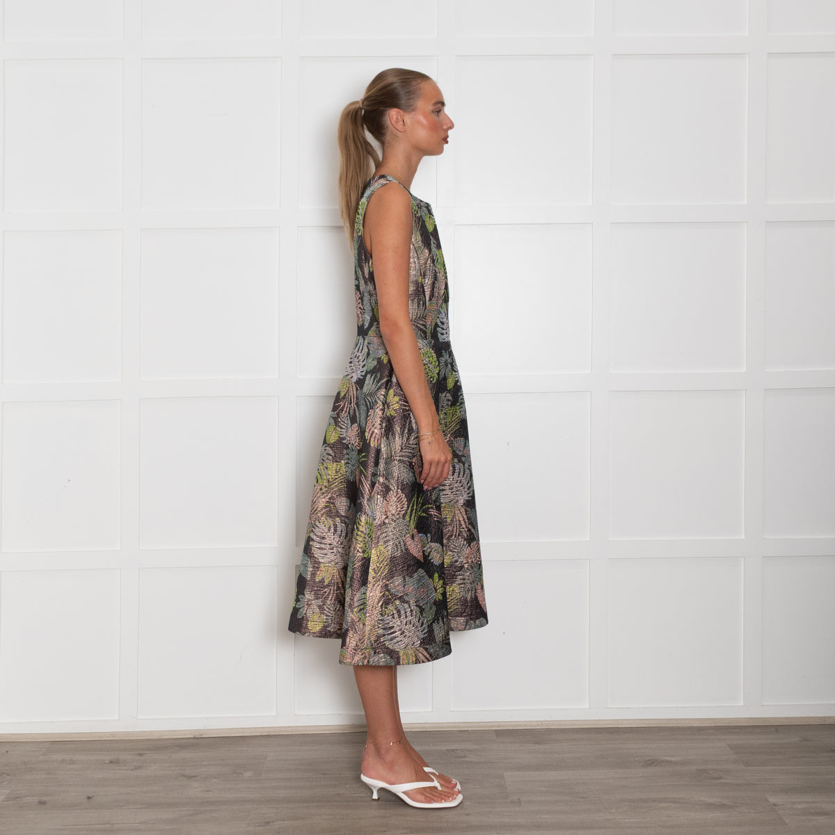 Essentiel Antwerp Bronze Leafy Print Sleeveless Dress