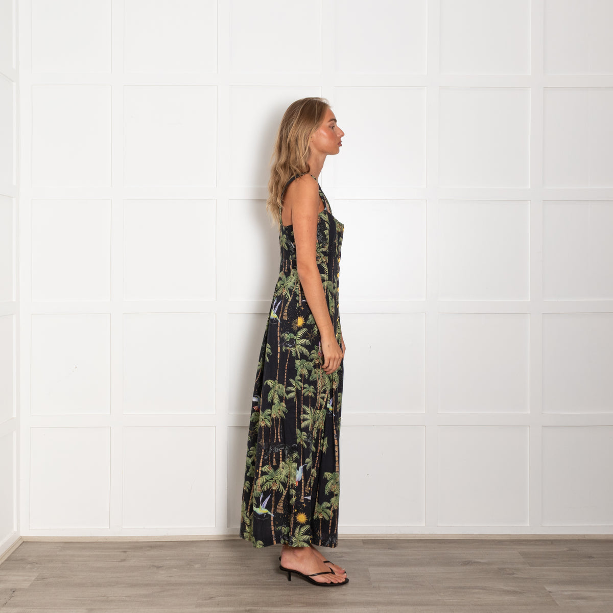 Hayley Menzies Black Cotton Palm Tree Print Sleeveless Dress