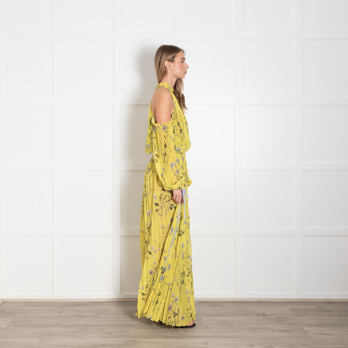 Self Portrait Yellow Floral Pleated Cut Out Shoulder Maxi Dress