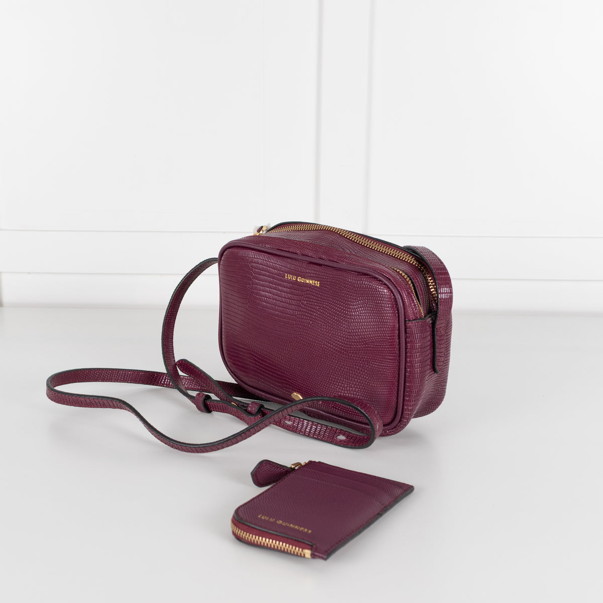 Lulu Guinness Burgundy Textured Crossbody Bag with Matching Card Pouch