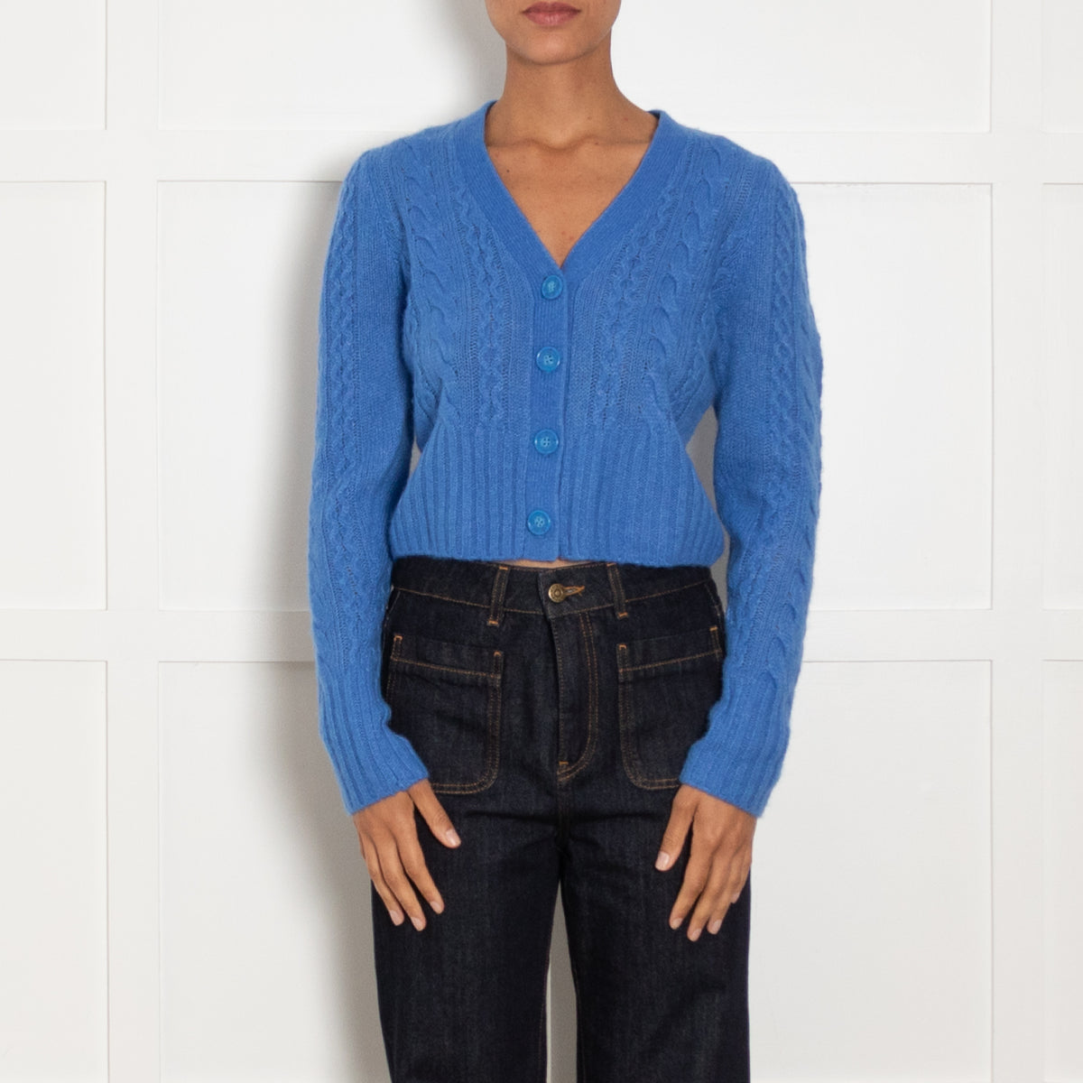 Me + Em Blue Cashmere Blend Cable Short Cardigan