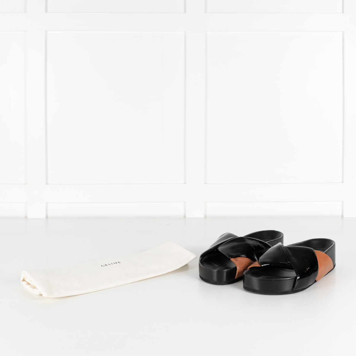 Celine Black Patent Tan Leather Twist Sandals