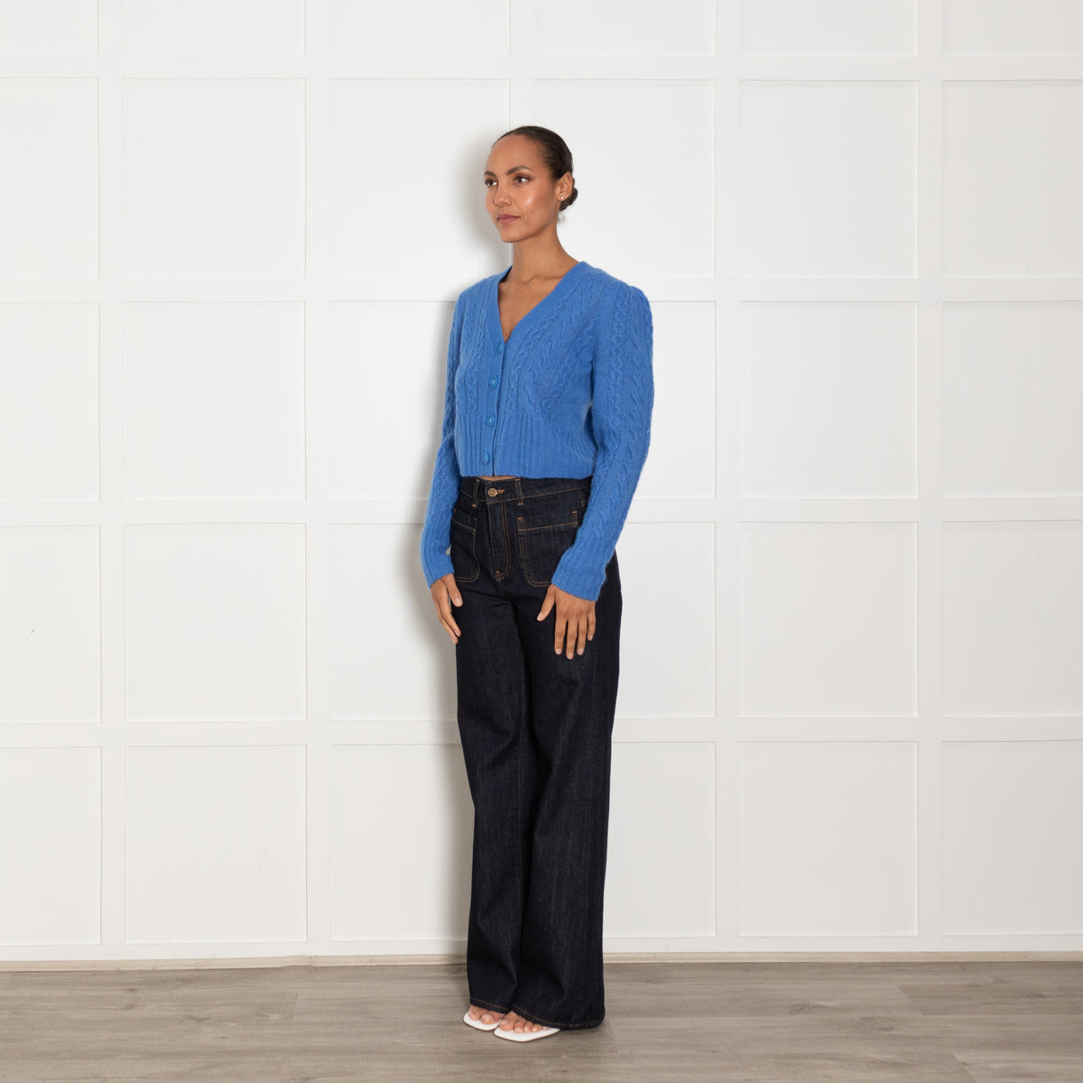 Me + Em Blue Cashmere Blend Cable Short Cardigan