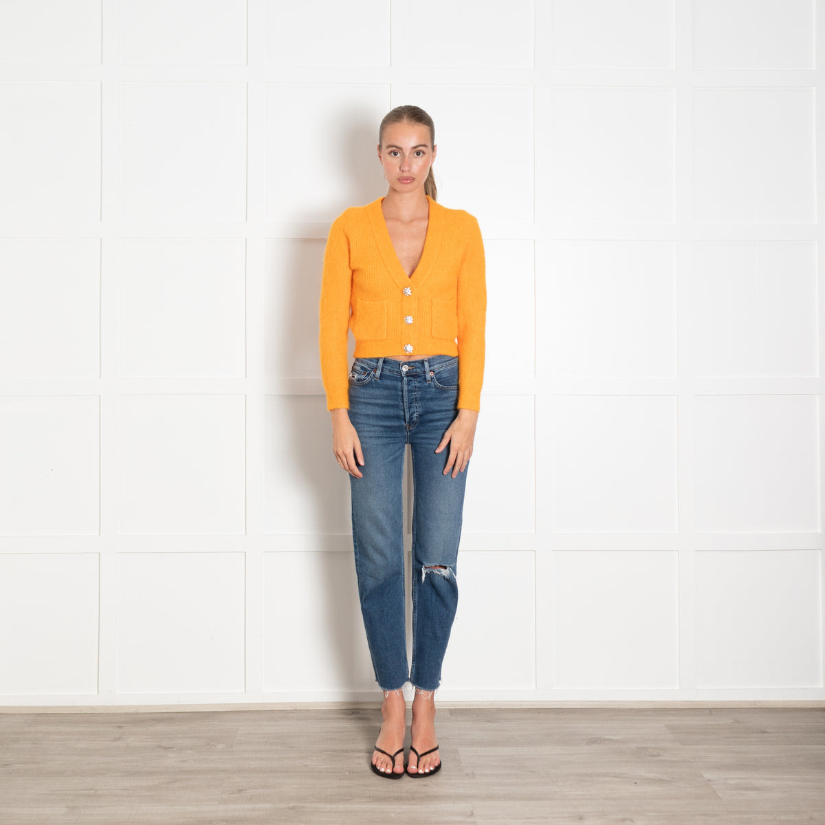 Ganni Orange Short Cardigan With Crystal Buttons