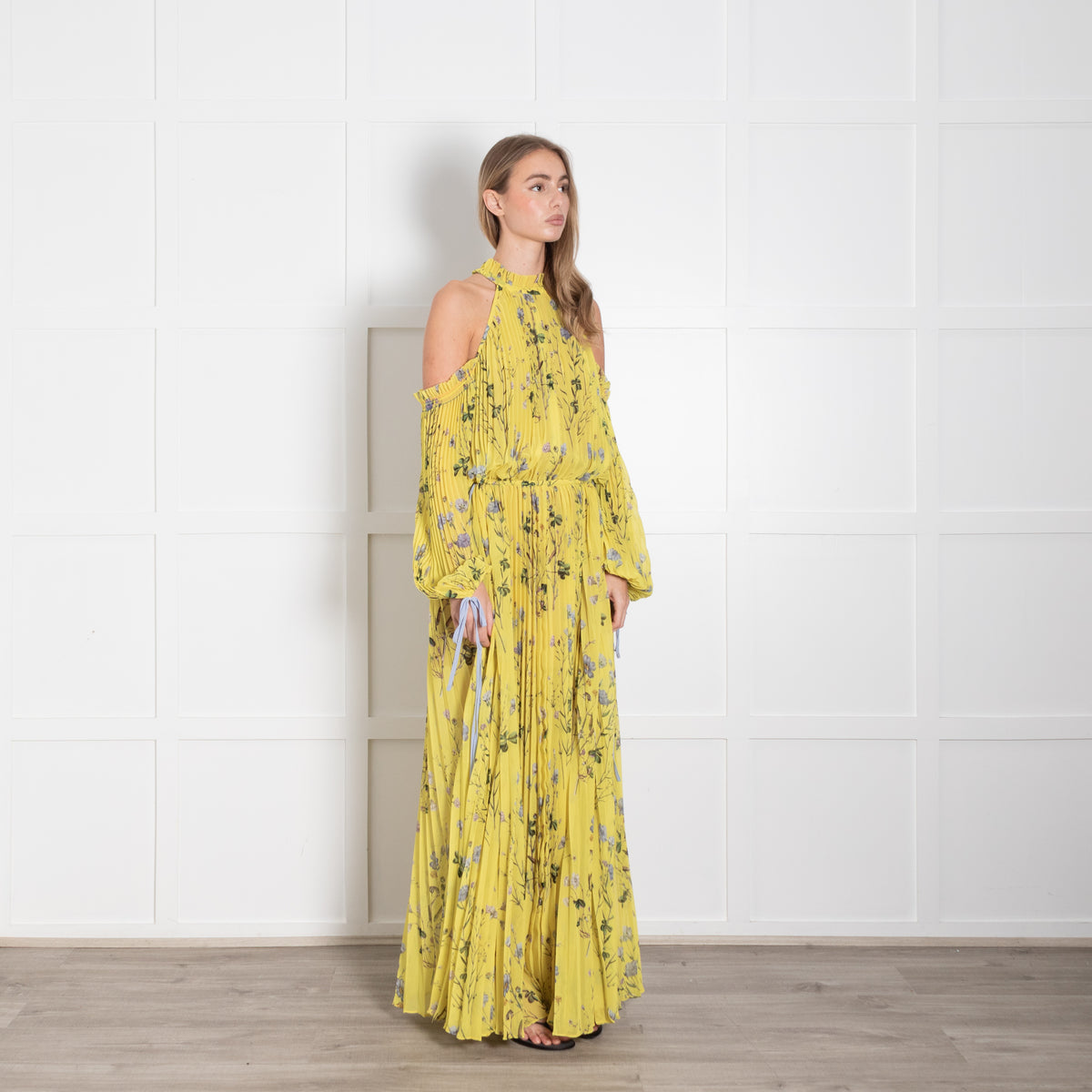 Self Portrait Yellow Floral Pleated Cut Out Shoulder Maxi Dress