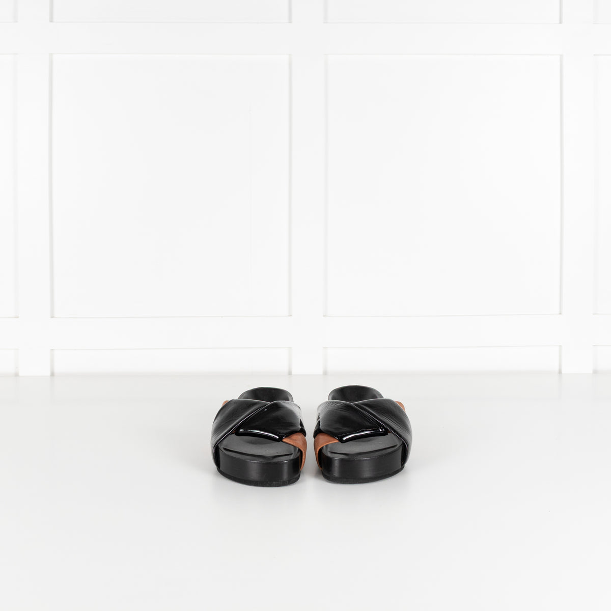 Celine Black Patent Tan Leather Twist Sandals