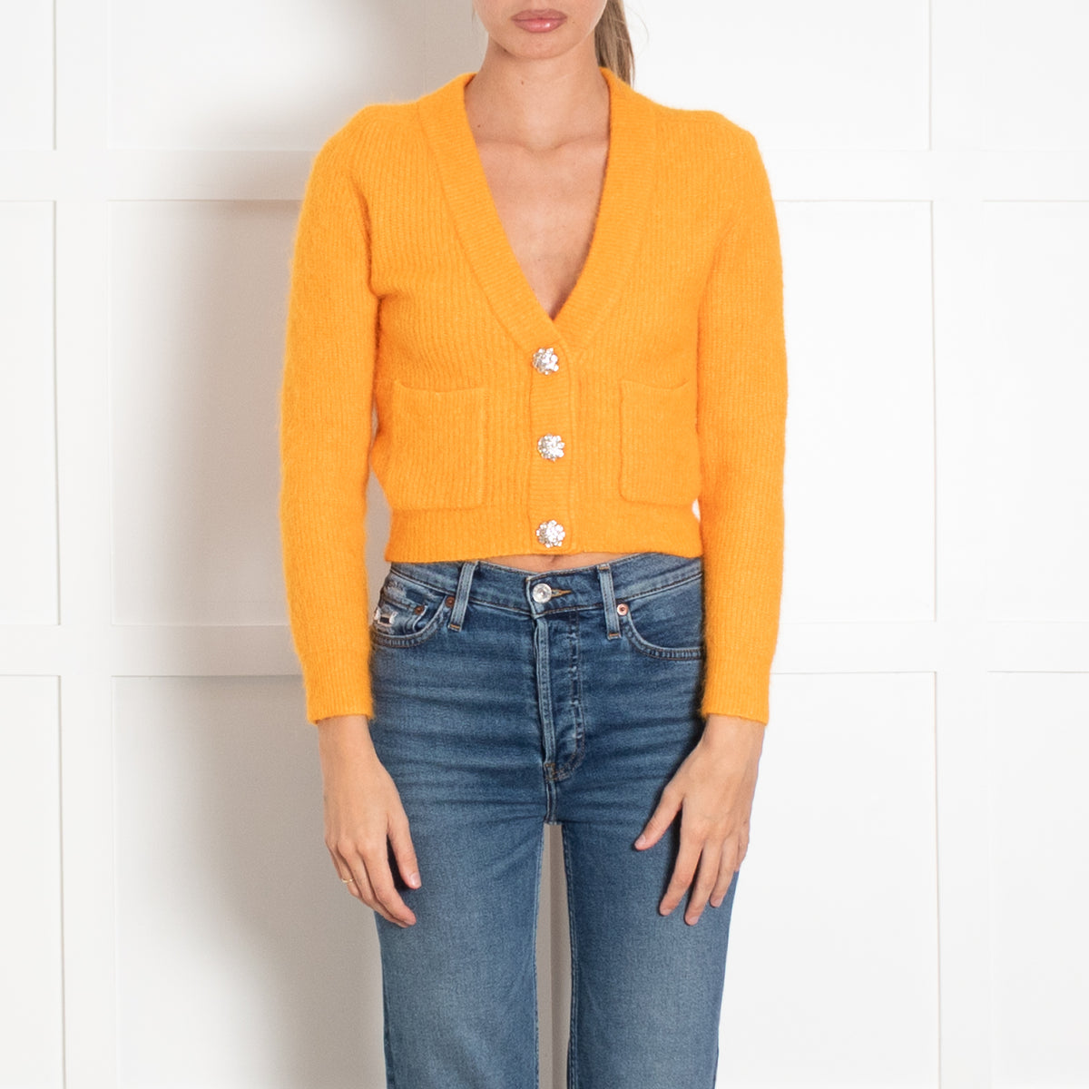 Ganni Orange Short Cardigan With Crystal Buttons