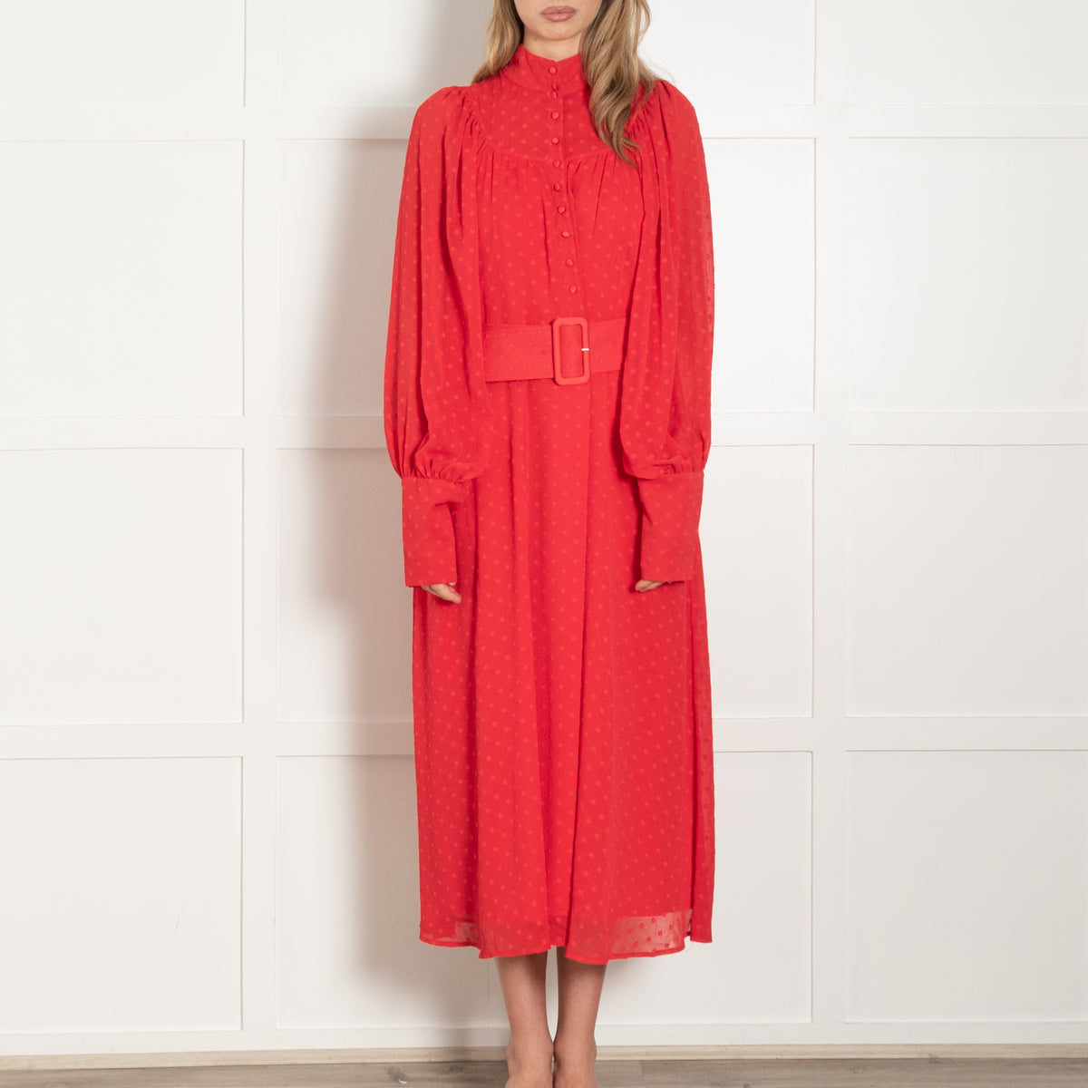 Rotate Red Dot Chiffon Long Sleeve Belted Midi Dress