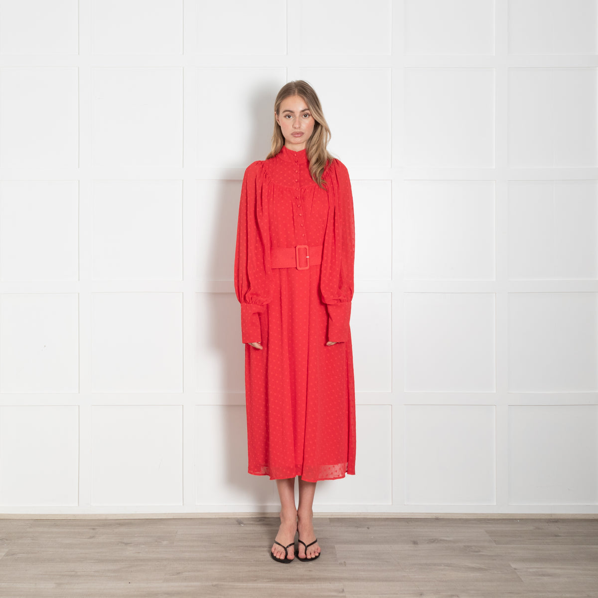 Rotate Red Dot Chiffon Long Sleeve Belted Midi Dress