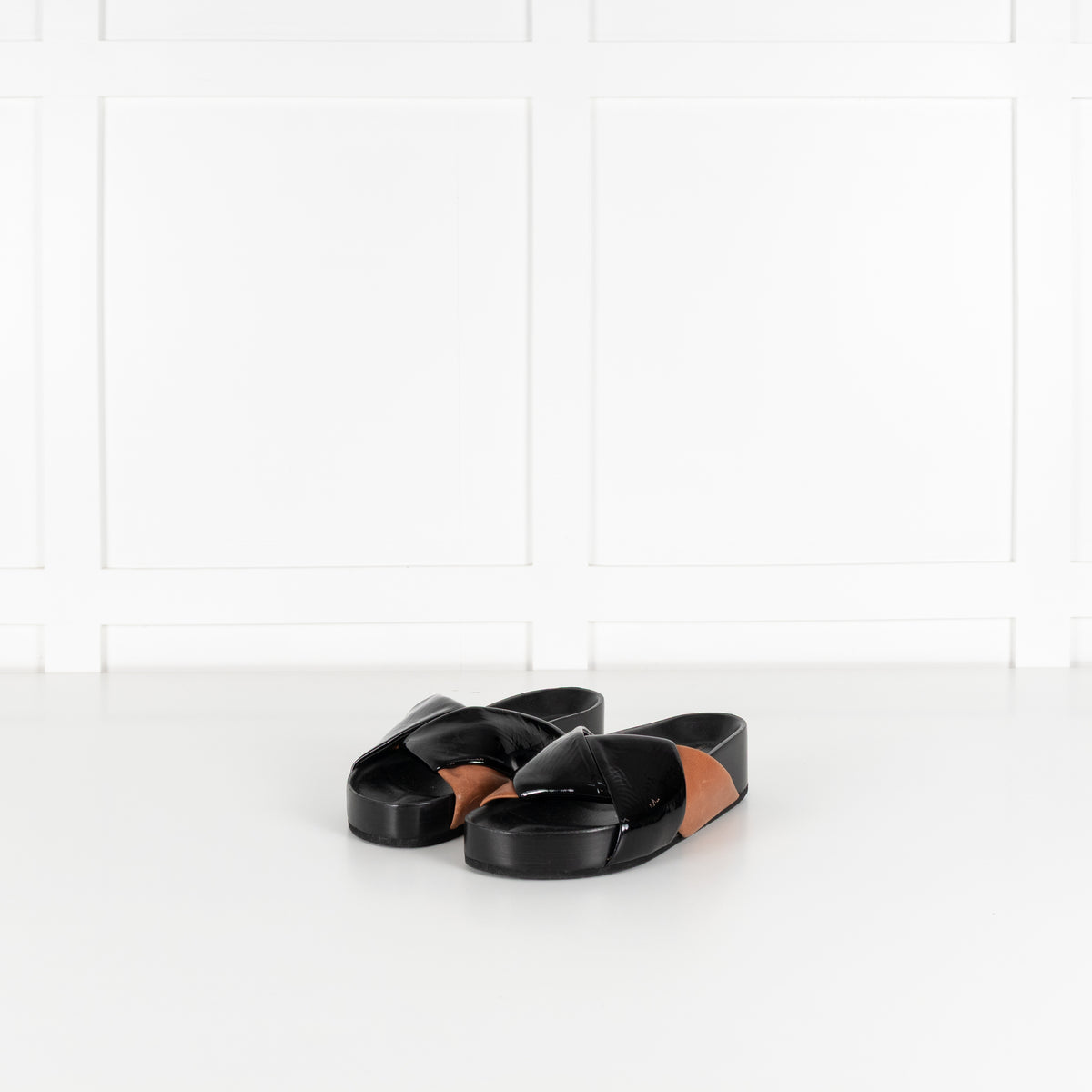 Celine Black Patent Tan Leather Twist Sandals