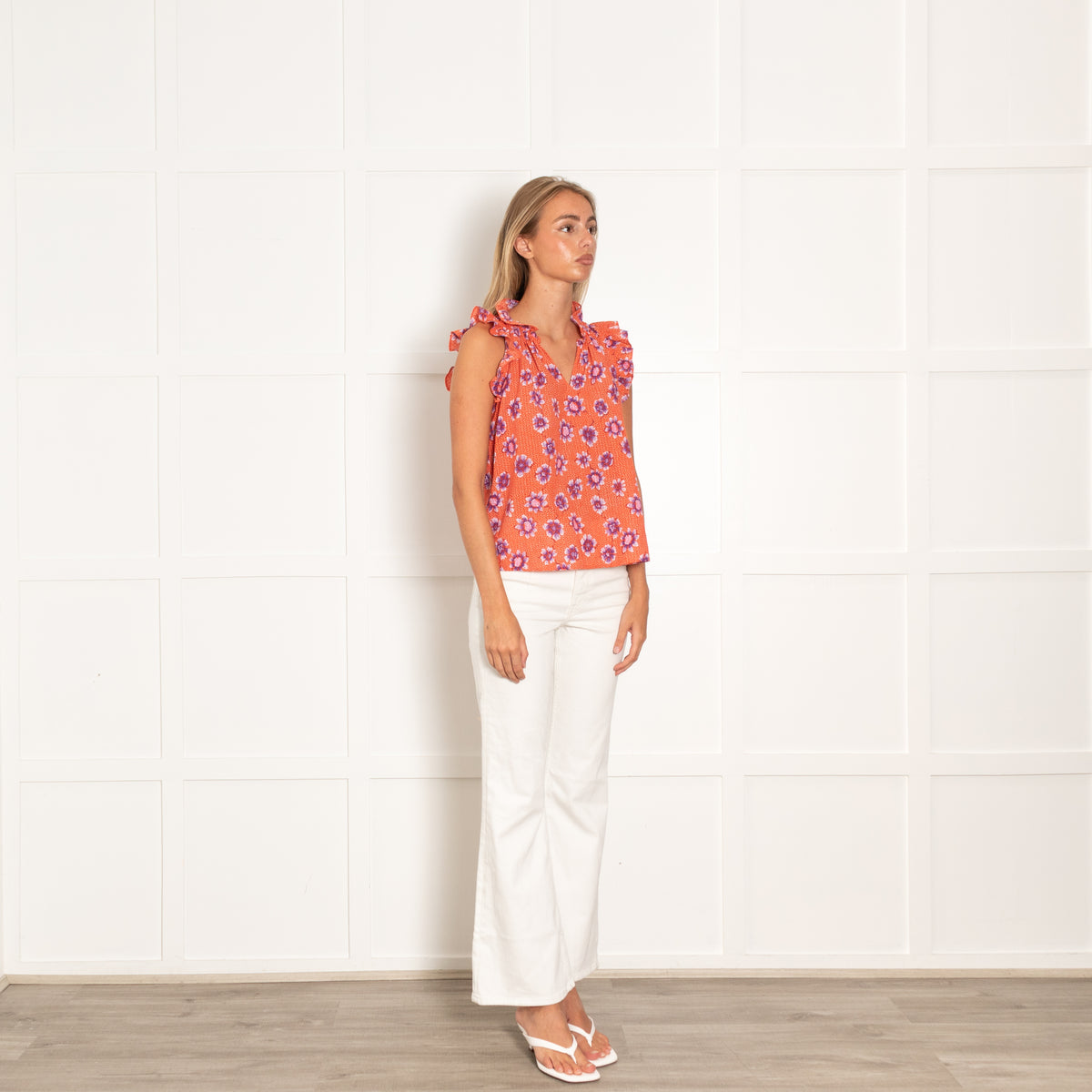 Xirena Orange Purple Cotton Frill Trim Top