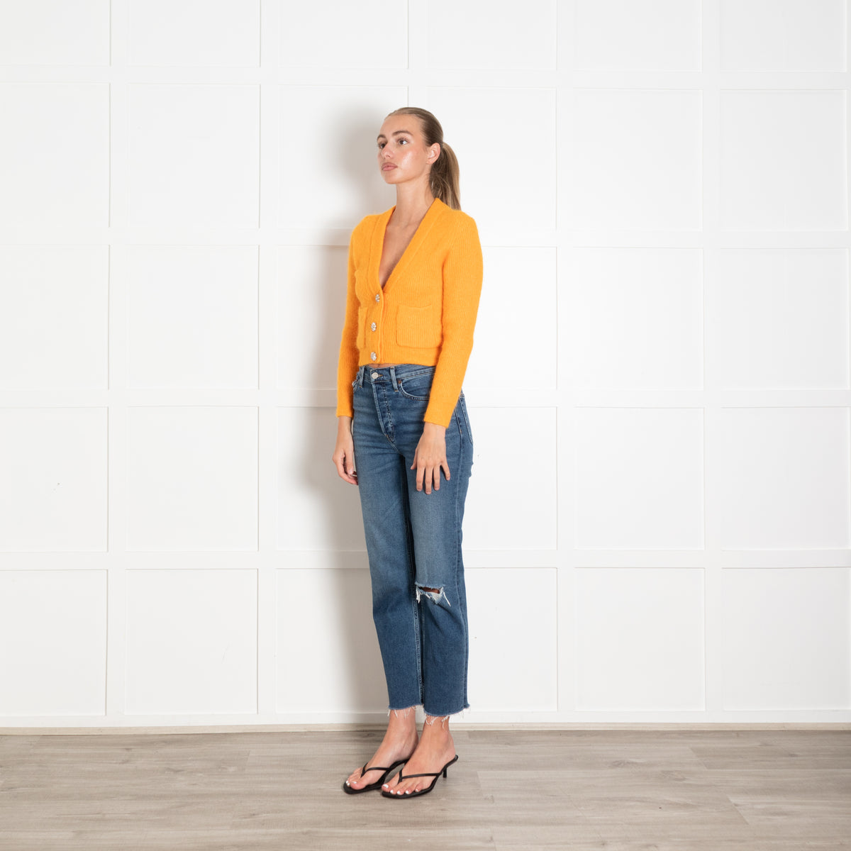 Ganni Orange Short Cardigan With Crystal Buttons