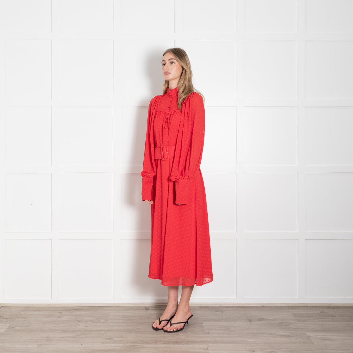 Rotate Red Dot Chiffon Long Sleeve Belted Midi Dress
