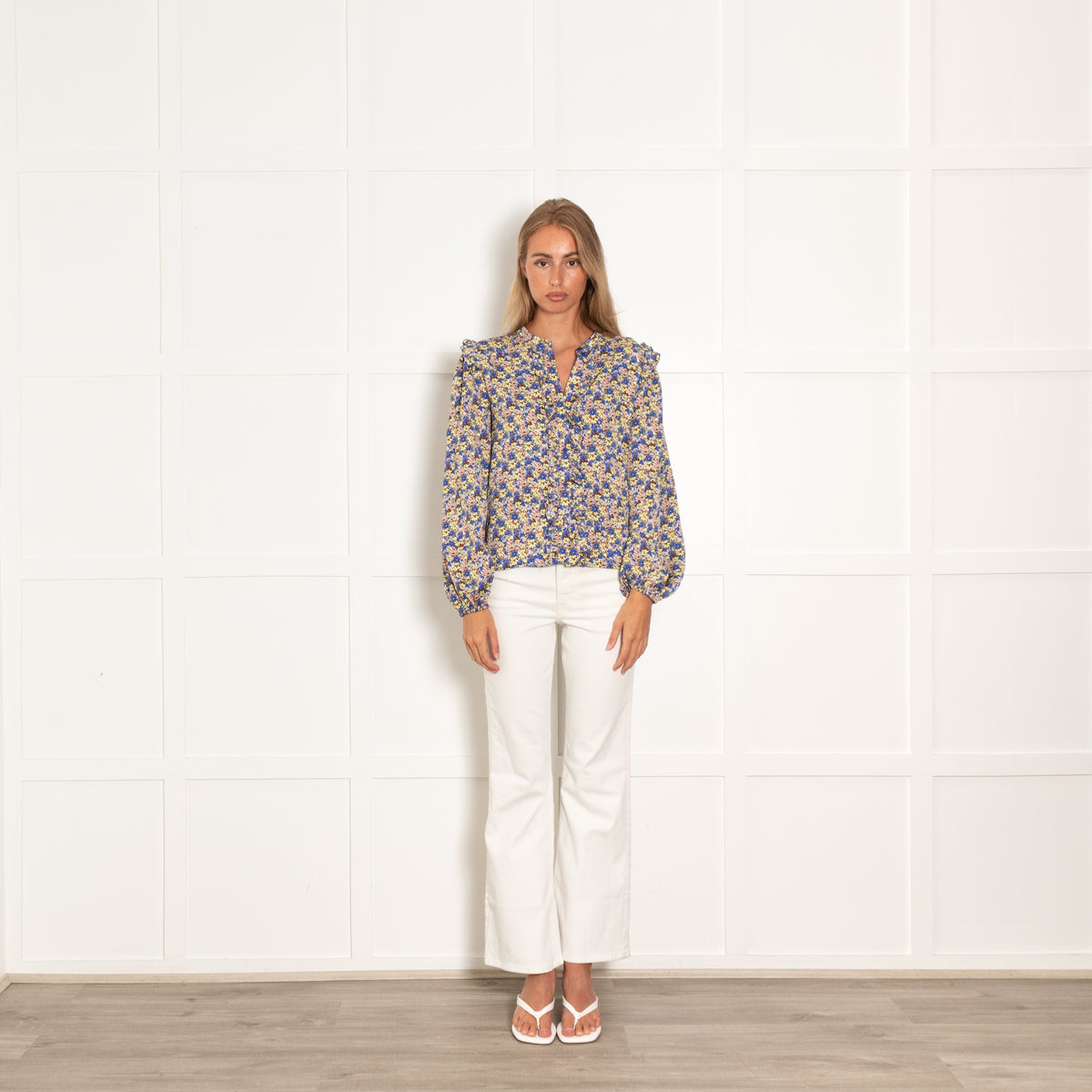 Lollys Laundry Khaki Blue Yellow Floral Frill Trim Blouse
