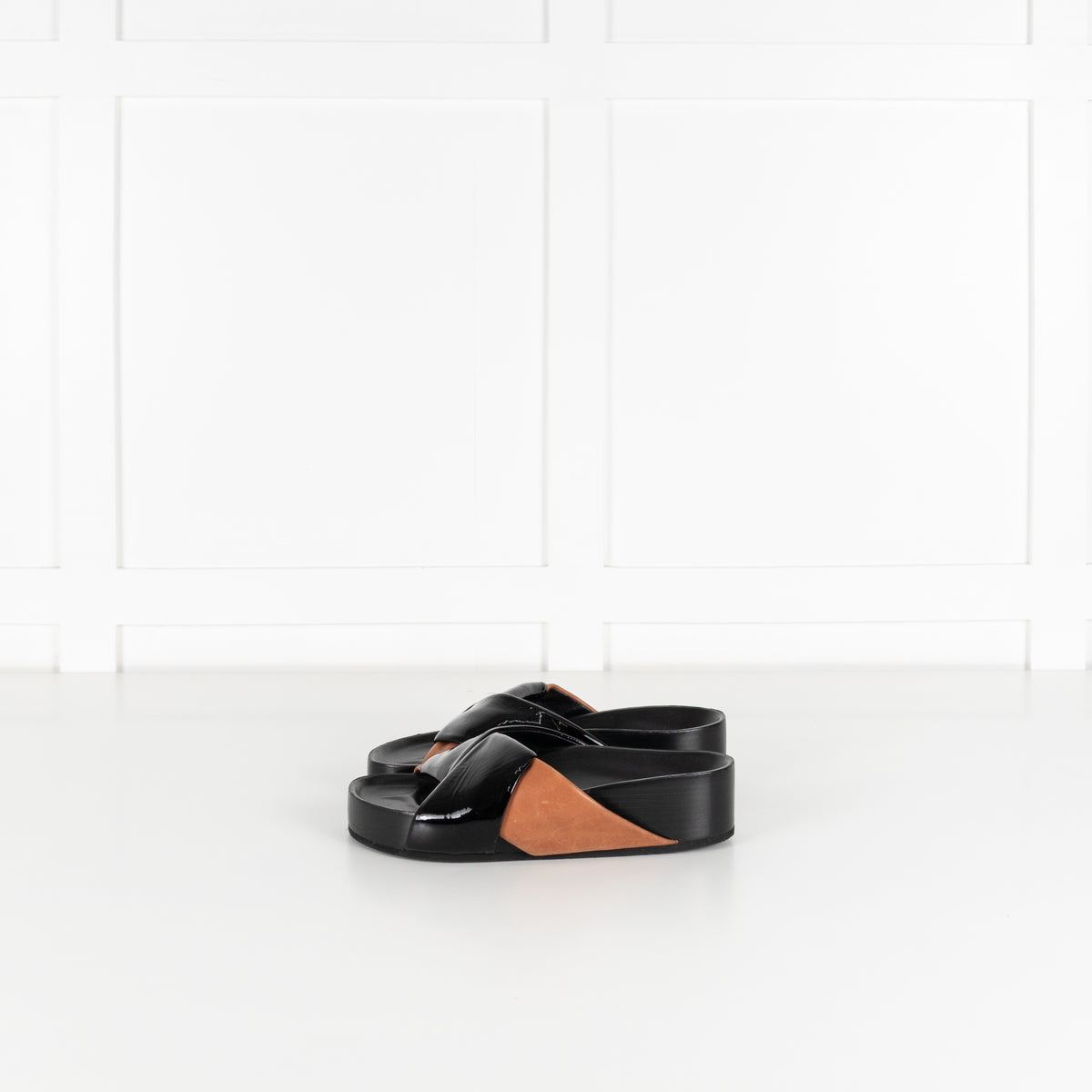 Celine Black Patent Tan Leather Twist Sandals