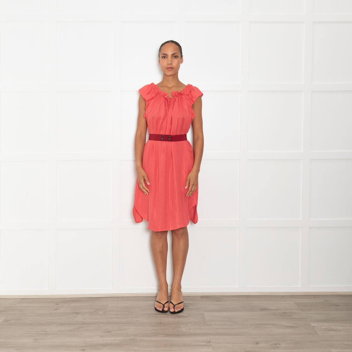 Isabel Marant Etoile Coral Frill Trim Red Belted Sleeveless Dress