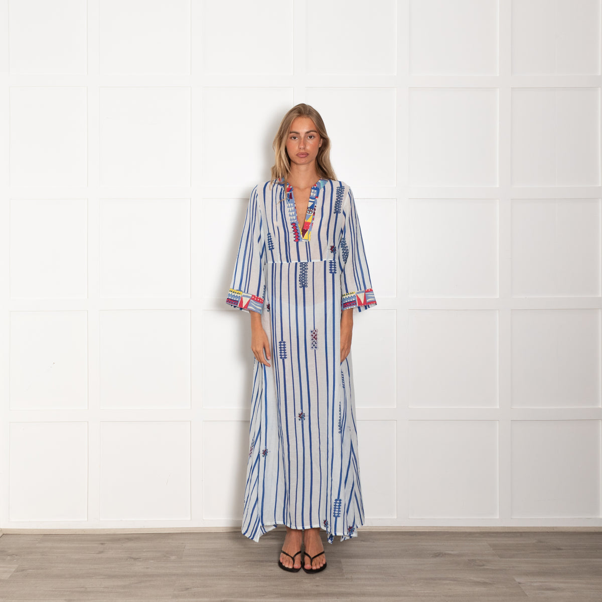 Le Sirenuse White Blue Stripe Multi Geometric Trim Maxi Dress