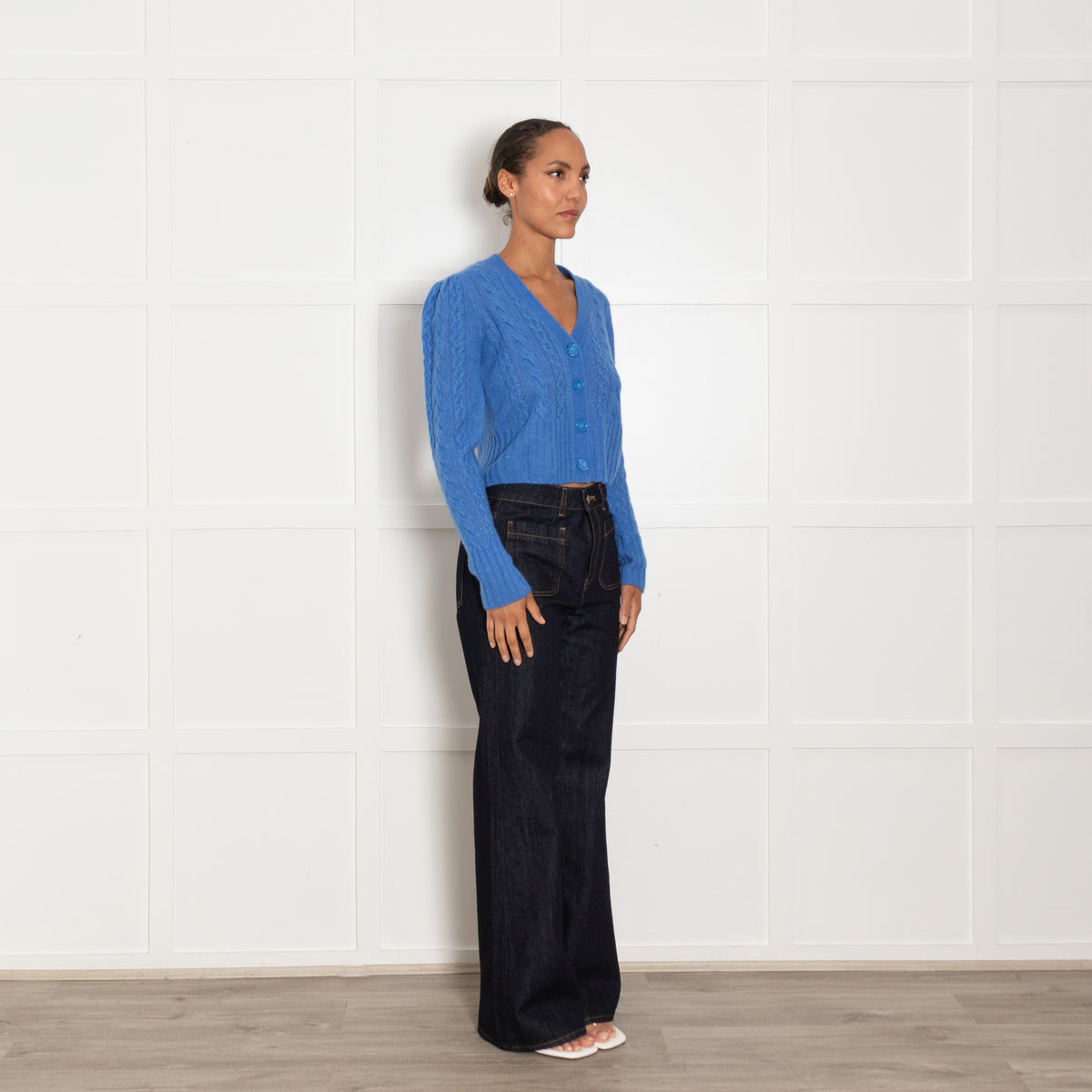 Me + Em Blue Cashmere Blend Cable Short Cardigan
