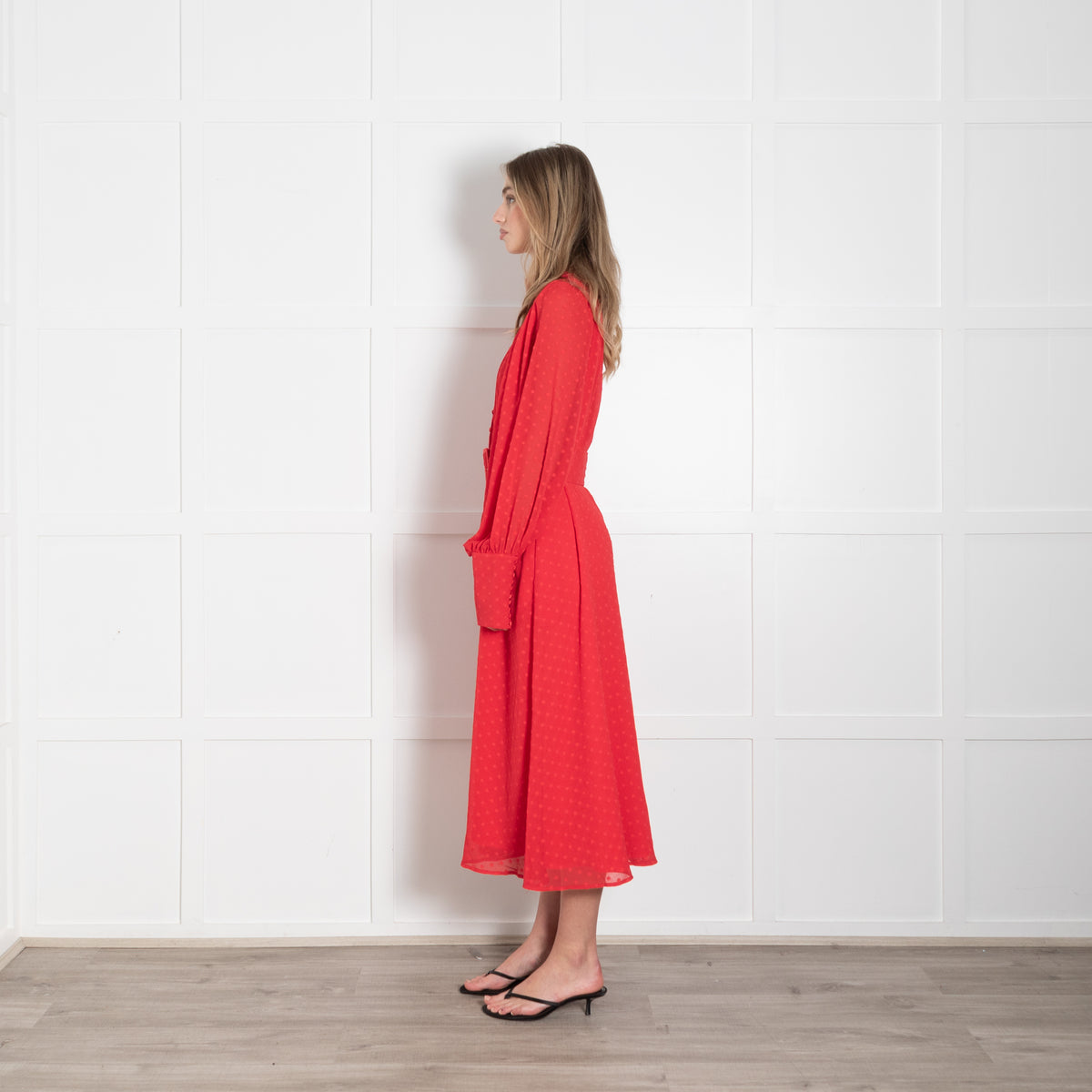 Rotate Red Dot Chiffon Long Sleeve Belted Midi Dress